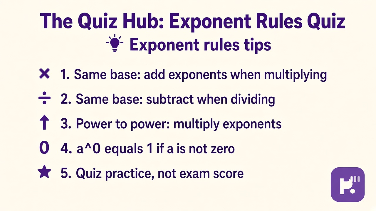 Exponent tips: same base multiply adds exponents, power to power multiplies, zero exponent is one, quiz not exam proof