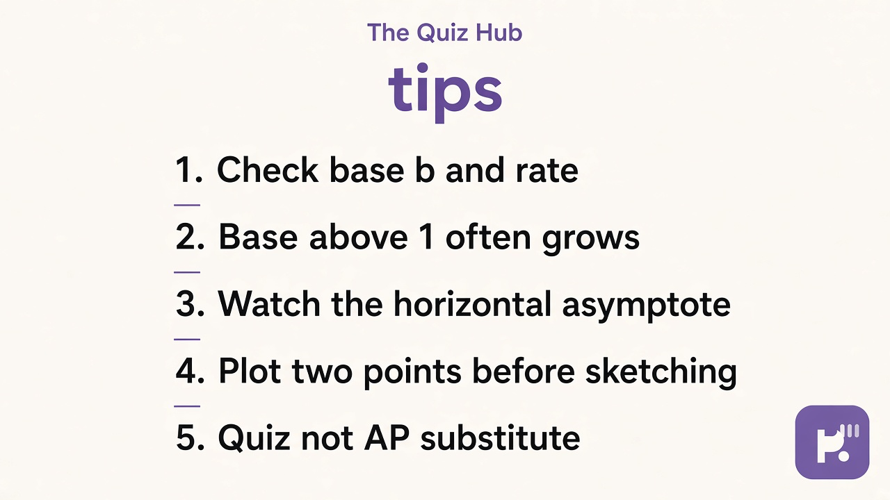 Exponential tips: check base and rate, asymptote awareness, plot two points, quiz not AP grade