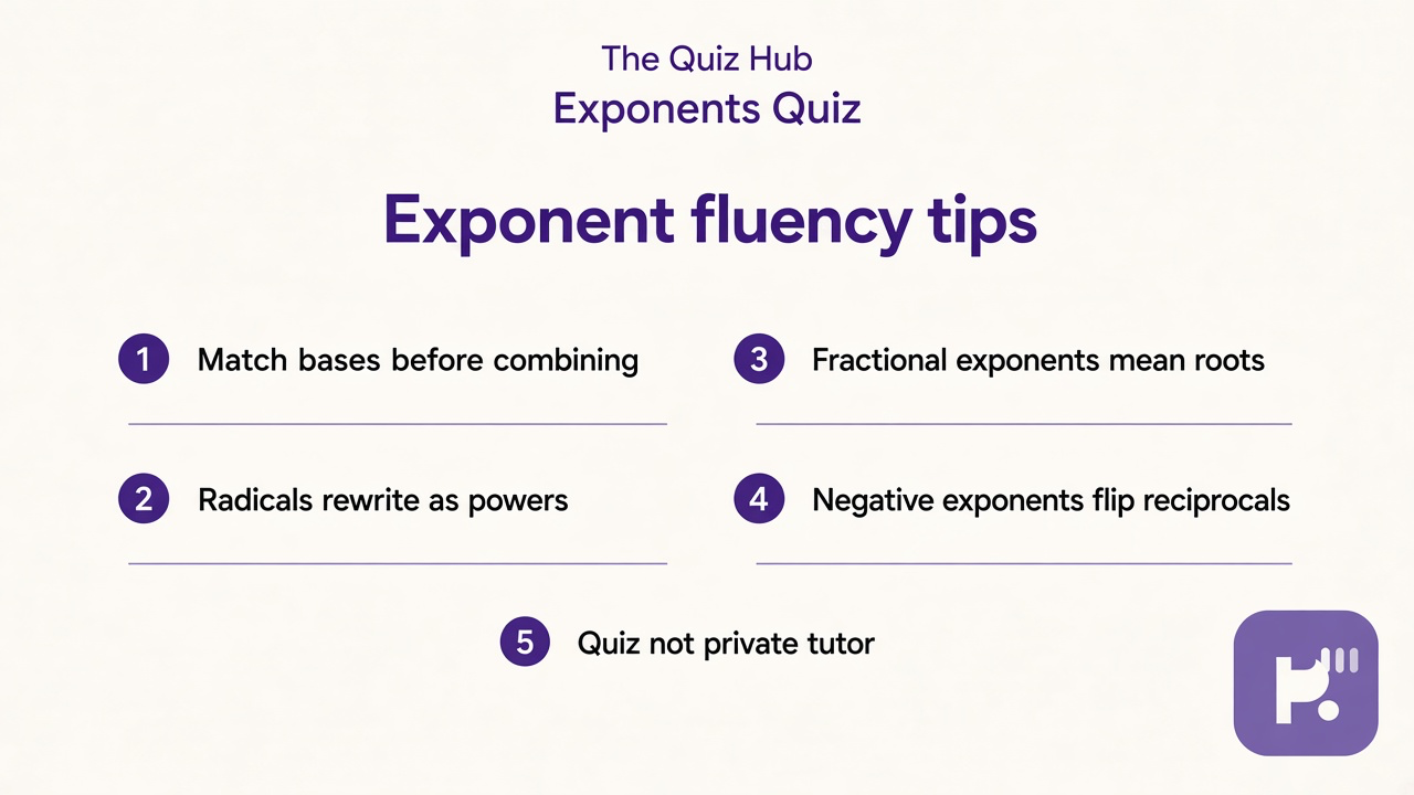 Exponent tips: radicals as powers, match bases first, fractional roots, negative reciprocals, quiz not tutor