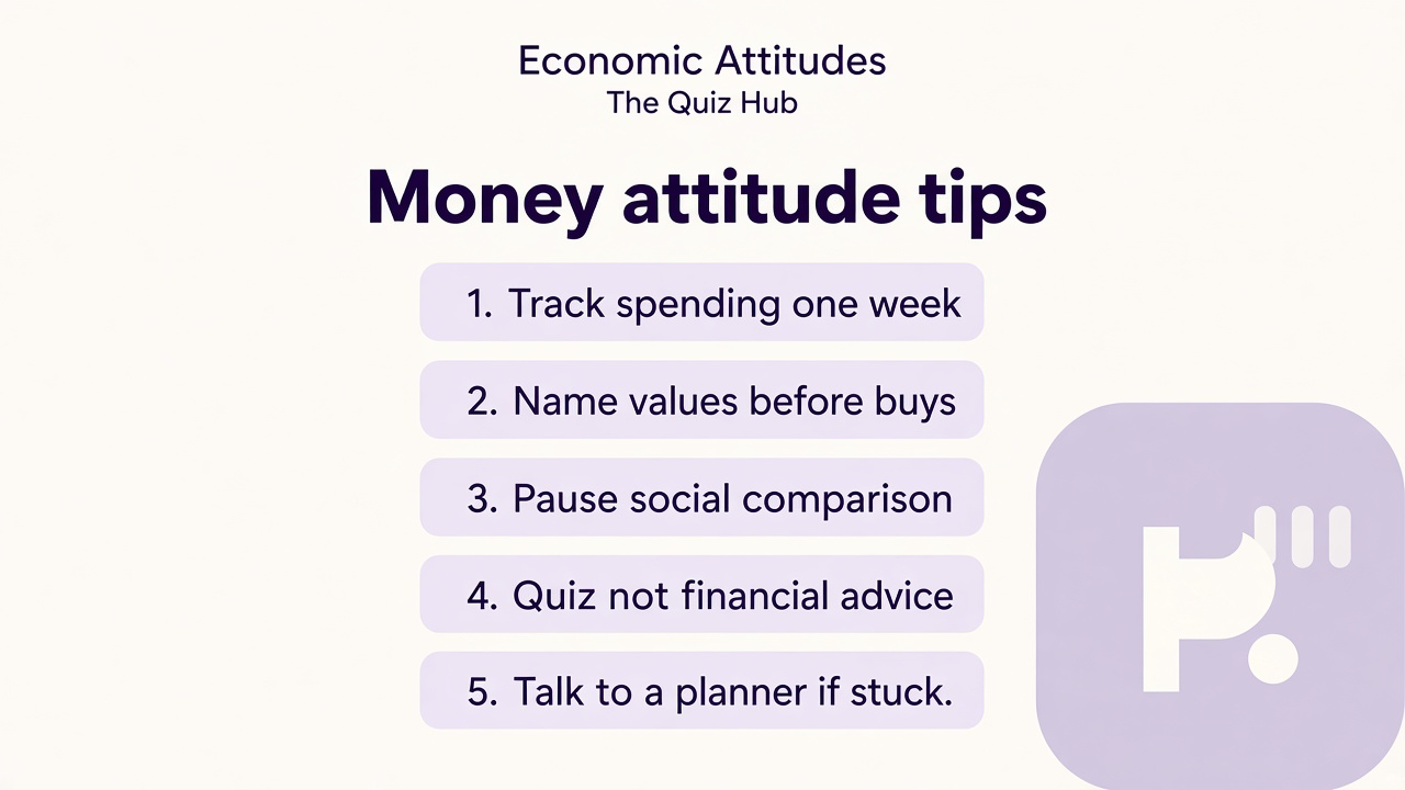 Economic attitudes tips: track one week spending, name values, buffer savings, quiz not financial advisor