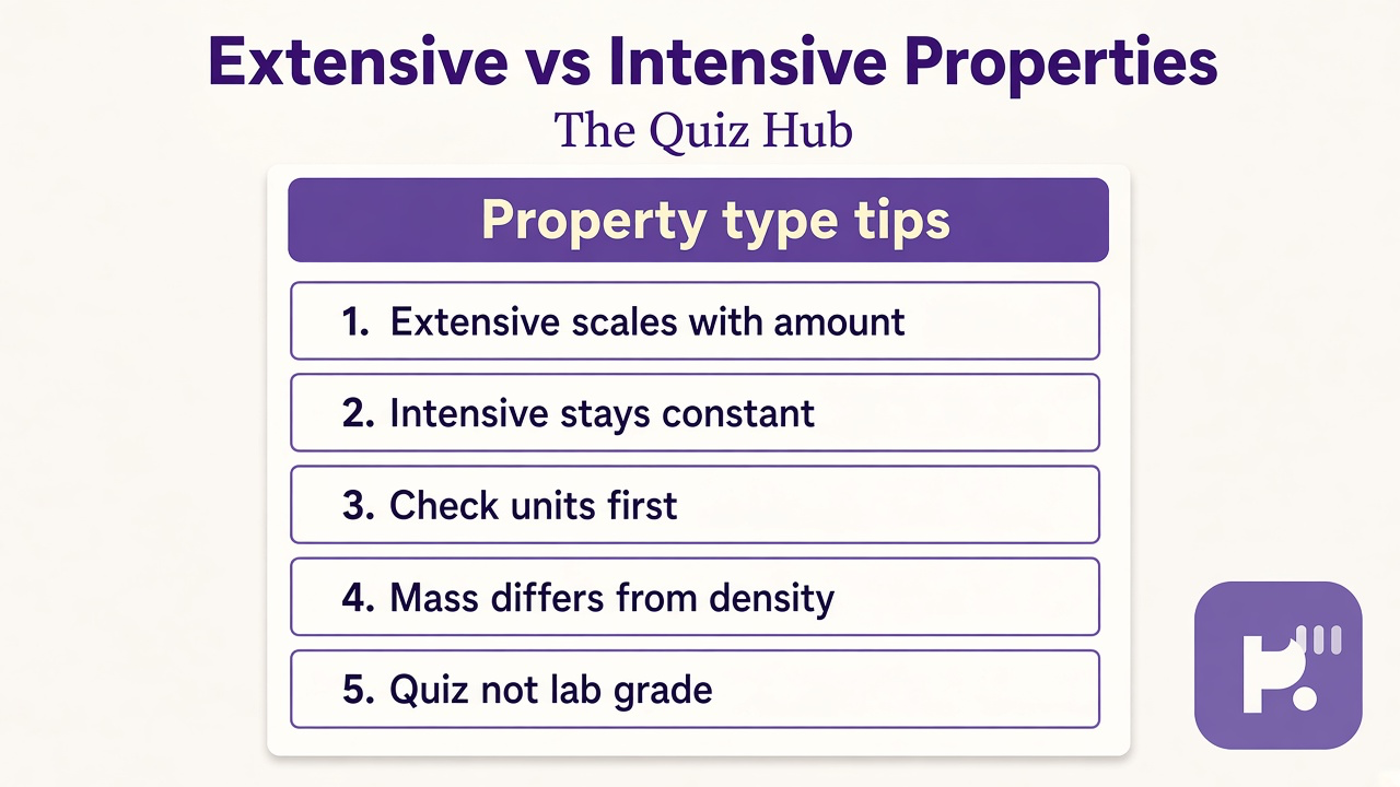 Chem property tips: mass scales, density intensive, temp and pressure, amount doubling, class prep not license