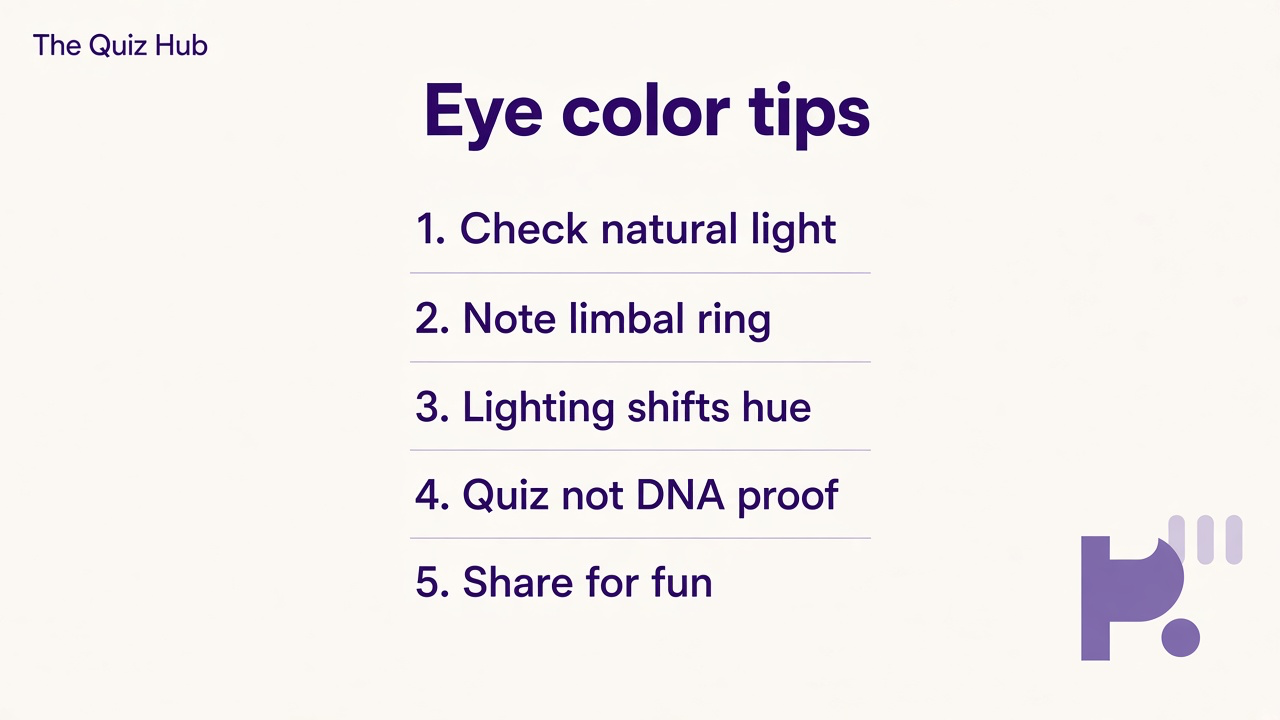 Eye color tips: check daylight, name hazel or gray-green, note makeup and lenses, quiz not DNA