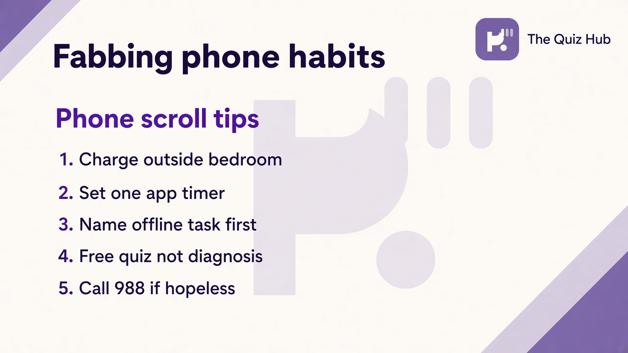 Phone habit tips: charge outside bed; one app timer; break scroll loops; 988 crisis; quiz not addiction cert