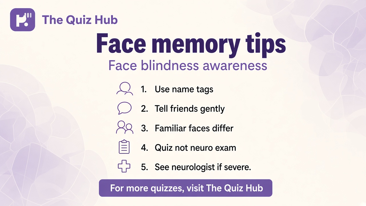 Face blindness tips: name tags at events, tell friends gently, familiar faces differ, quiz not neuro exam