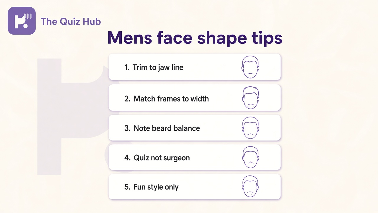 Men face shape tips: trim beard to jaw, match frame width, fade for length, quiz not surgeon orders