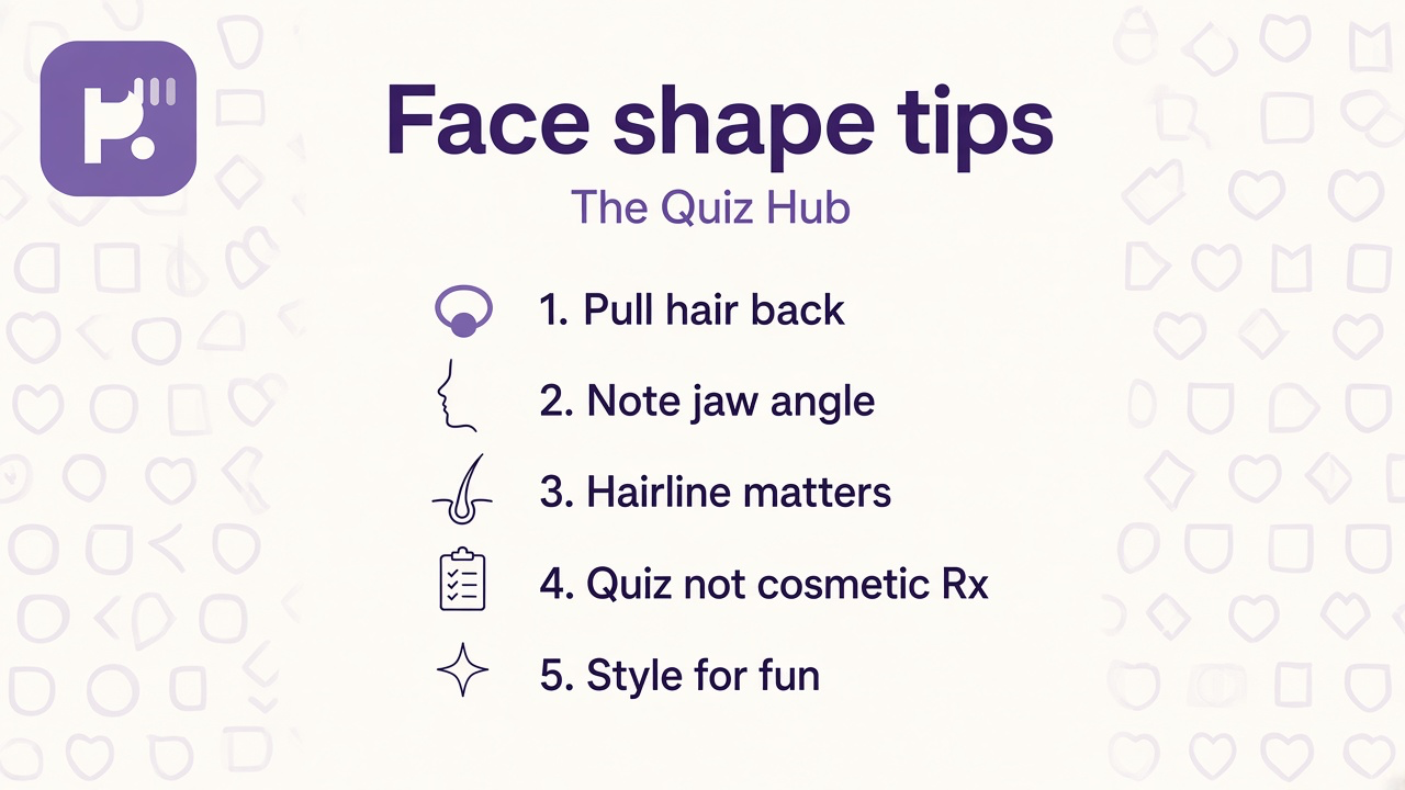 Face shape tips: pull hair back, note hairline and cheeks, frames and bangs shift balance, quiz not Rx orders