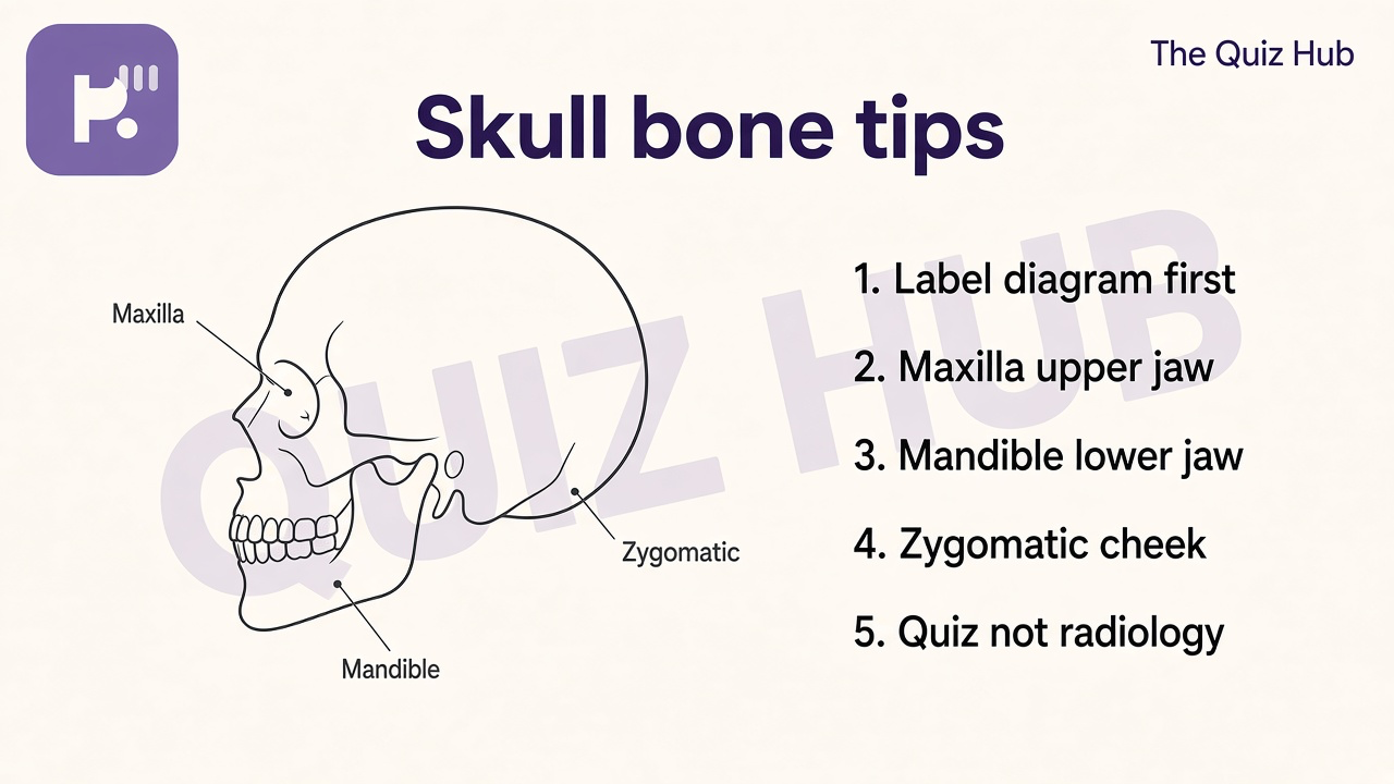 Facial bones tips: label maxilla mandible zygomatic on diagram, jaw joint basics, retake for fun, not CT read