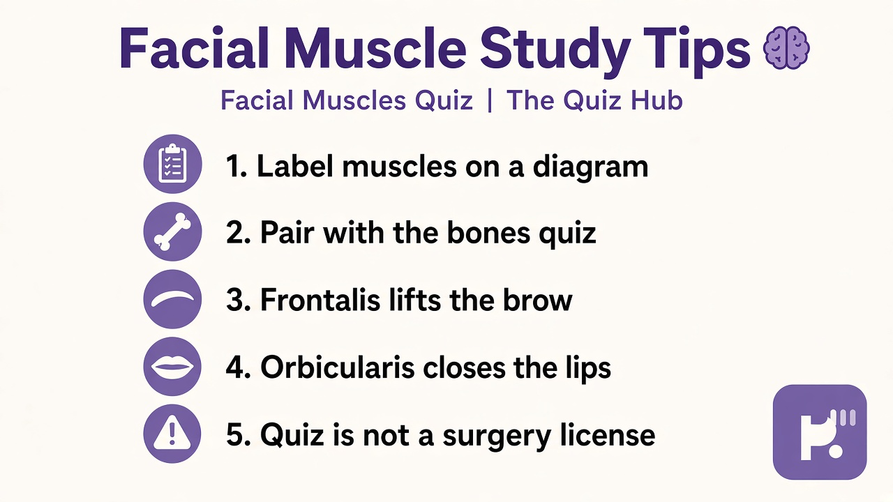 Facial muscles tips: label frontalis brow, orbicularis eye and lips, zygomaticus smile, pair with bones quiz, not surgery