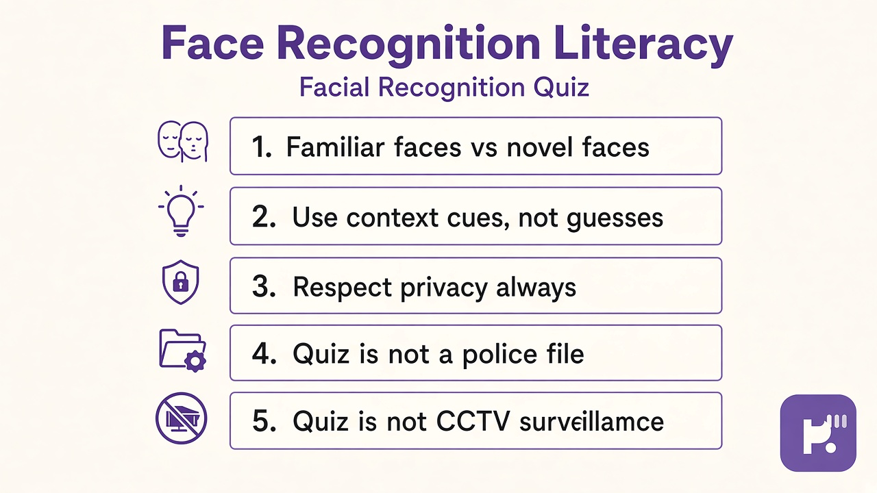 Facial recognition tips: use context cues, respect privacy, familiar vs novel faces, quiz not CCTV
