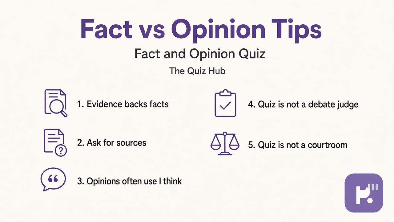 Fact vs opinion tips: evidence backs facts, I think signals opinions, ask for sources, quiz not courtroom