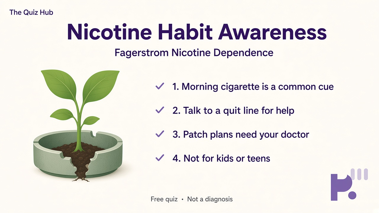 Nicotine habit tips: morning cue awareness; talk to quit line; patch plan with doctor; not for kids; quiz not FTND license