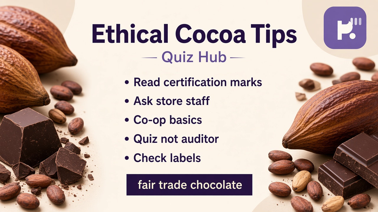 Fair trade cocoa tips: read certification marks, ask store staff, farmer coop basics, quiz not auditor