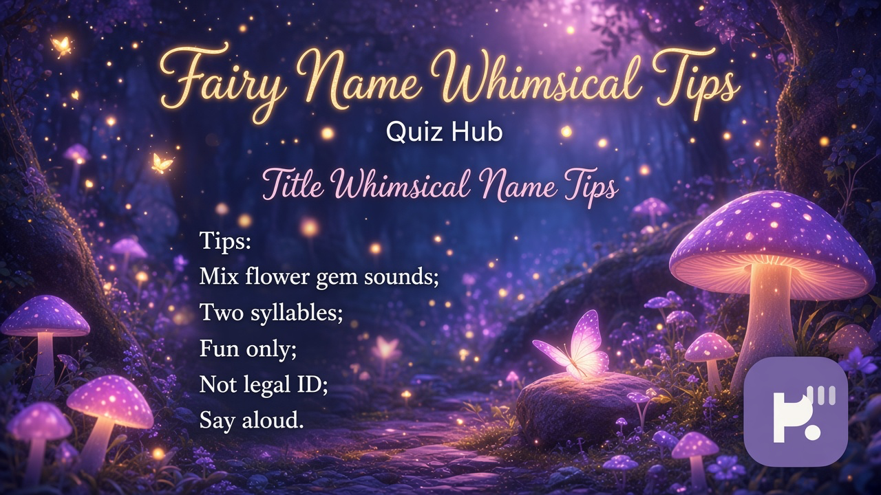 Fairy name tips: pick nature roots, mix two syllables, share for fun only, quiz not legal ID