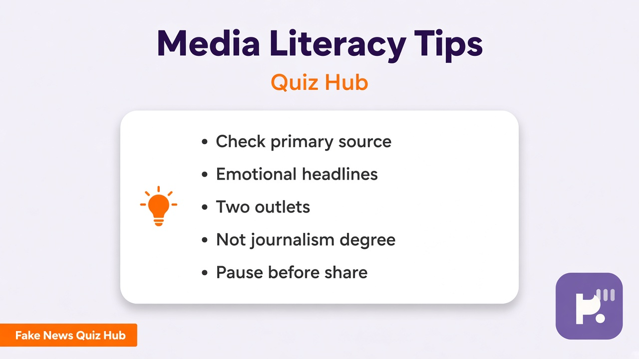 Fake news literacy tips: triangulate sources, pause on outrage headlines, check primary reports, quiz not journalism degree