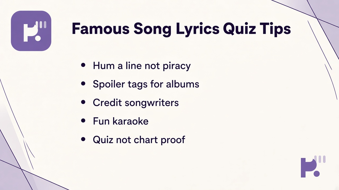 Song lyrics quiz tips: recall hooks not full paste, spoiler tags, copyright limits, unofficial fan shares, kind captions