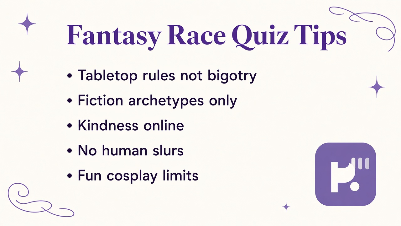 Fantasy race quiz tips: fiction tags only, separate RPG canon, no real-world race mapping, kind cons, unofficial shares