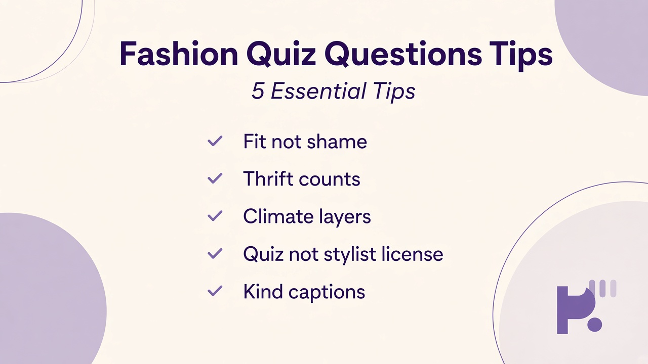 Fashion quiz tips: fit not shame, thrift counts, climate layers, trend literacy, quiz not stylist license, kind captions