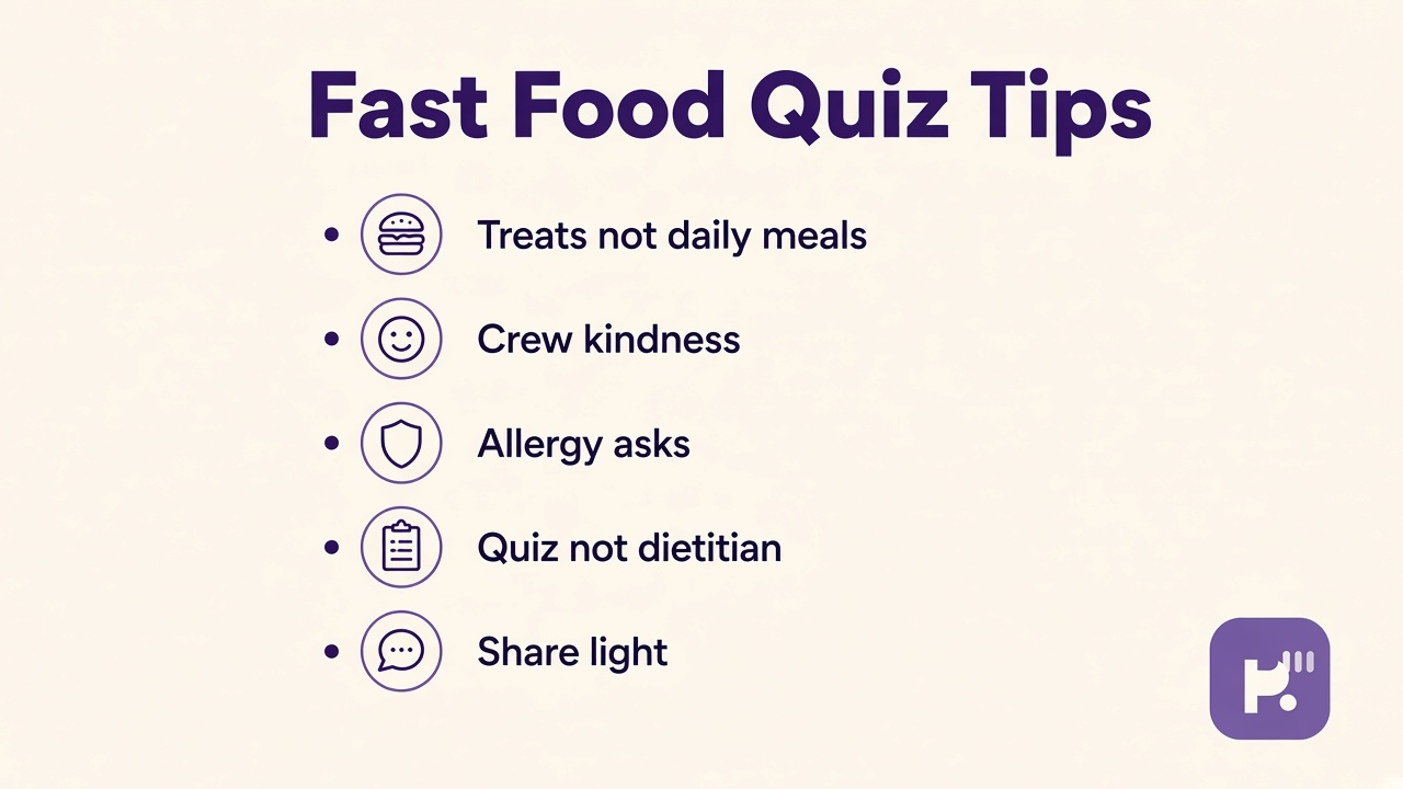 Fast food quiz tips: treats not daily meals, thank crew, ask allergies, quiz not dietitian, light shares