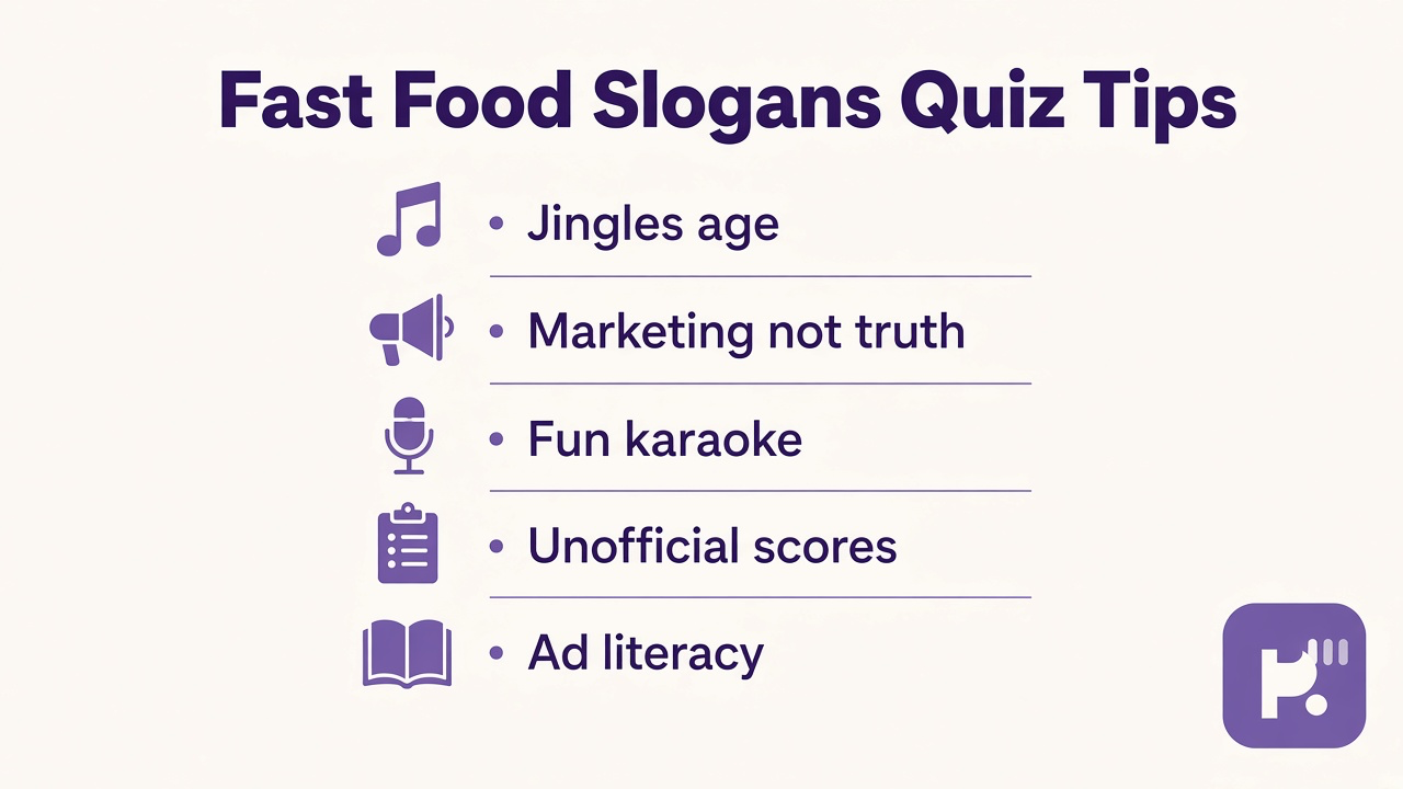 Fast food slogans quiz tips: jingles age, ads not truth, spoiler optional, karaoke fun, unofficial trivia