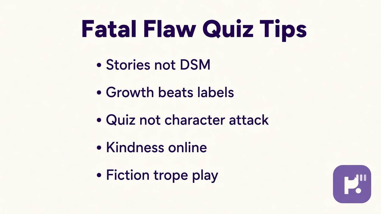 Fatal flaw quiz tips: stories not DSM, growth beats labels, kindness online, quiz not diagnosis, fiction reflection