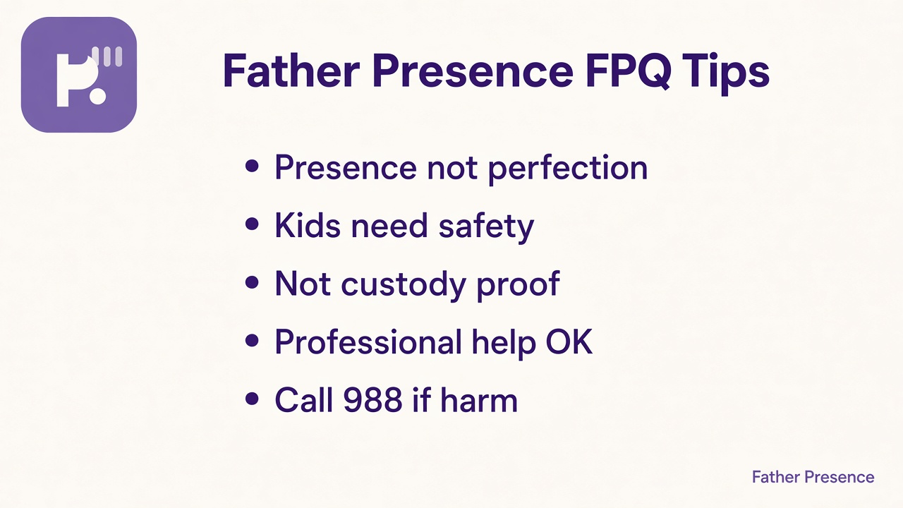 Father presence tips: show up not perfect; kids need safety; repair after rupture; pro help OK; quiz not custody proof; 988 crisis