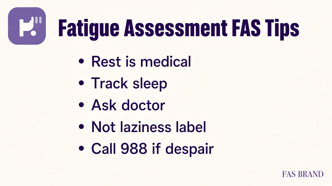 Fatigue screener tips: rest is medical, track sleep, ask doctor, not laziness label, 988 if despair, quiz not diagnosis