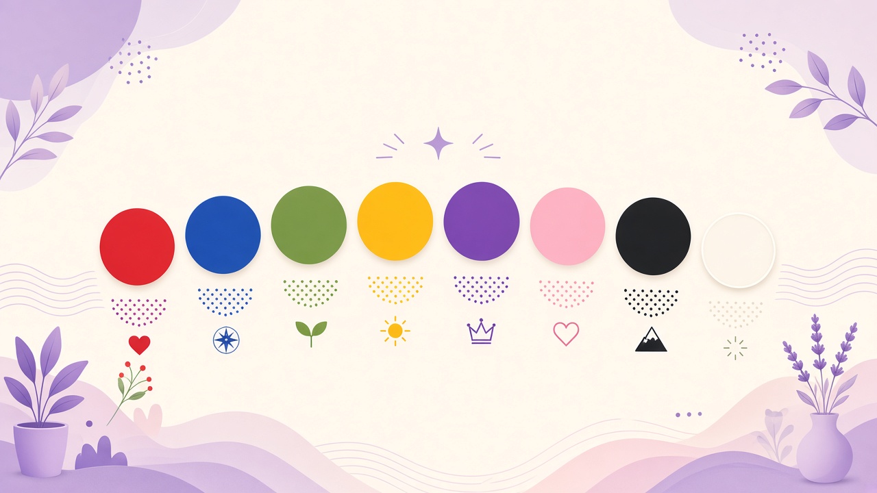 Favorite color test diagram with eight color swatches in cream and purple infographic style