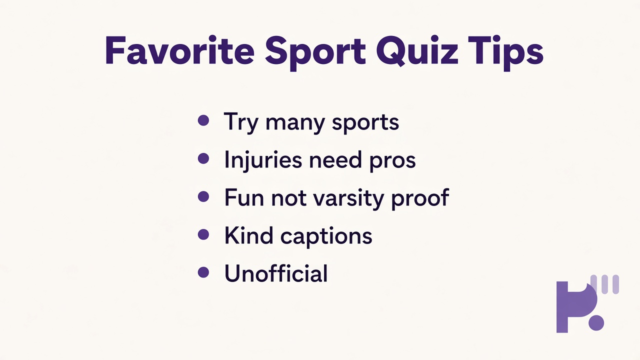 Favorite sport quiz tips: try many sports, rest injuries with pros, players are people, fun not varsity proof, kind captions, unofficial play