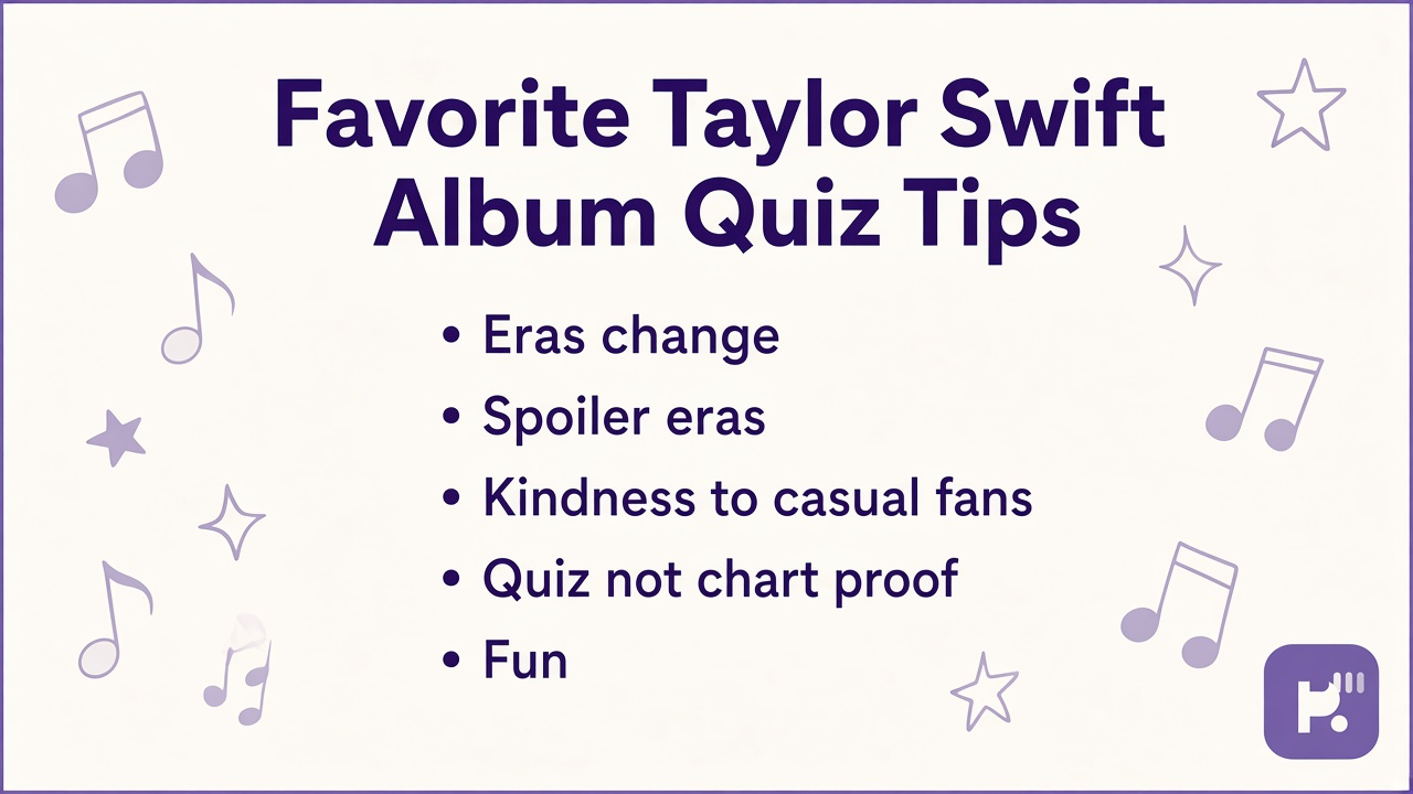 Favorite Taylor Swift album quiz tips: eras change, spoiler tags, kindness to casual fans, quiz not chart proof, unofficial mirror, no stan wars