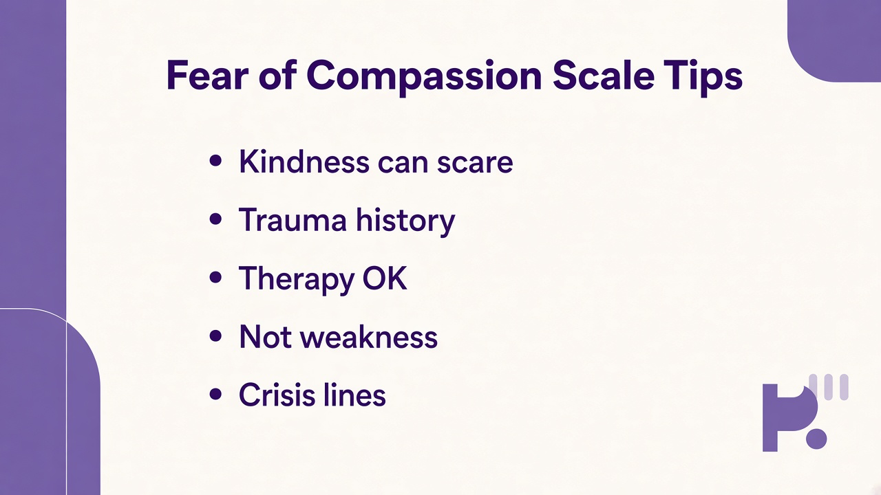 Fear of compassion tips: kindness can scare; trauma history matters; therapy OK; not weakness label; 988 crisis; quiz not licensed FCS