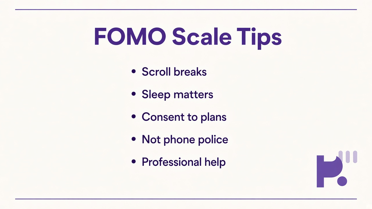 FOMO scale tips: scroll breaks; sleep matters; plans need consent; not phone police; professional help; 988 crisis
