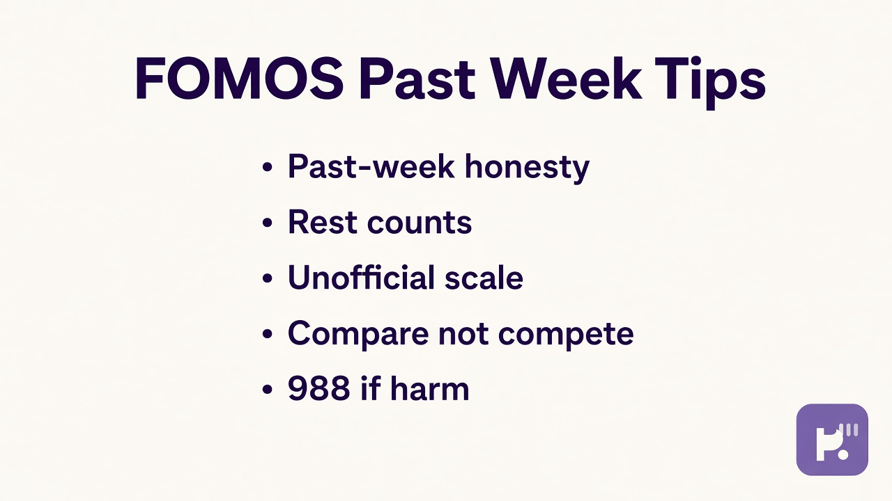 Past-week FOMO tips: scroll breaks; sleep counts; plans need consent; rest is not laziness; compare to fomo sibling; 988 if harm