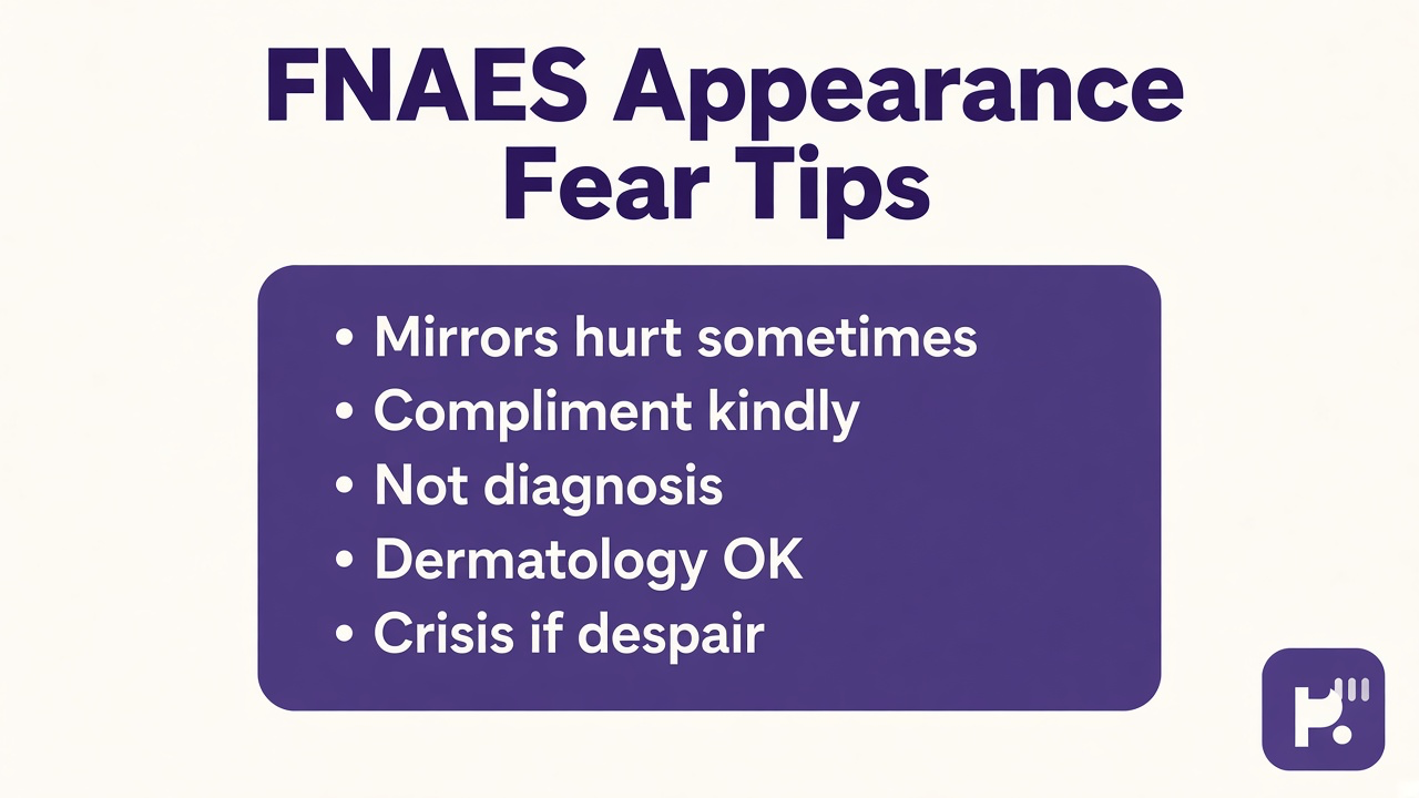 Appearance fear tips: mirrors hurt sometimes; compliment kindly; dermatology OK; not diagnosis; crisis 988; quiz not body shame