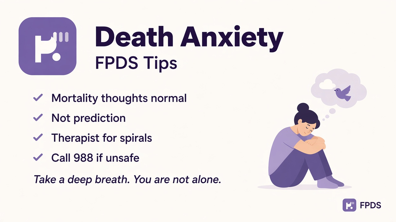 Death anxiety tips: mortality thoughts can be normal; not a prediction; therapist for spirals; gentle tone; 988 if unsafe; quiz not doom