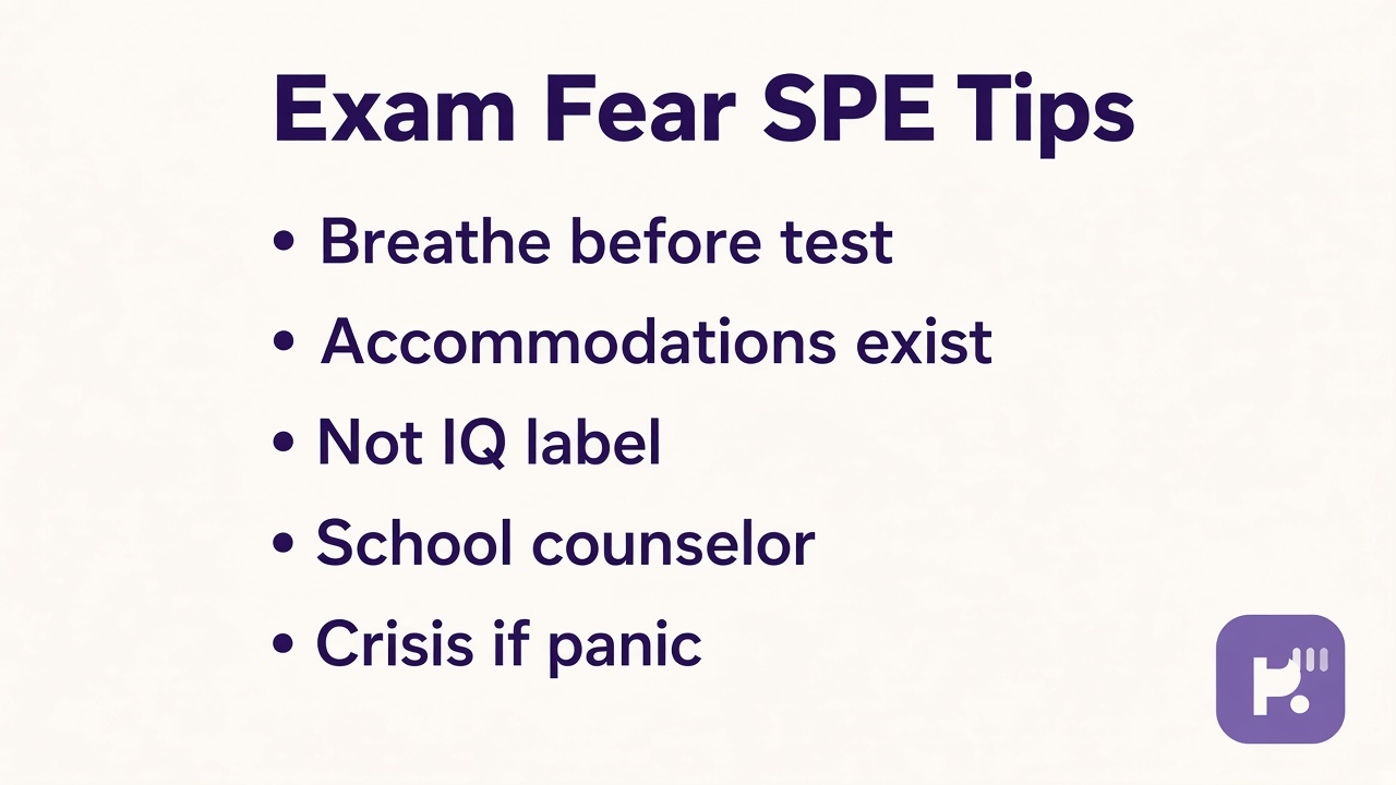 Test anxiety tips: breathe before scantron, accommodations exist, not IQ label, school counselor, 988 if panic, quiz not diagnosis