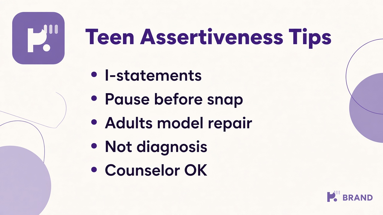 Teen assertiveness tips: I-statements; pause before snap; boundaries with peers; adults model repair; counselor OK; quiz not school label