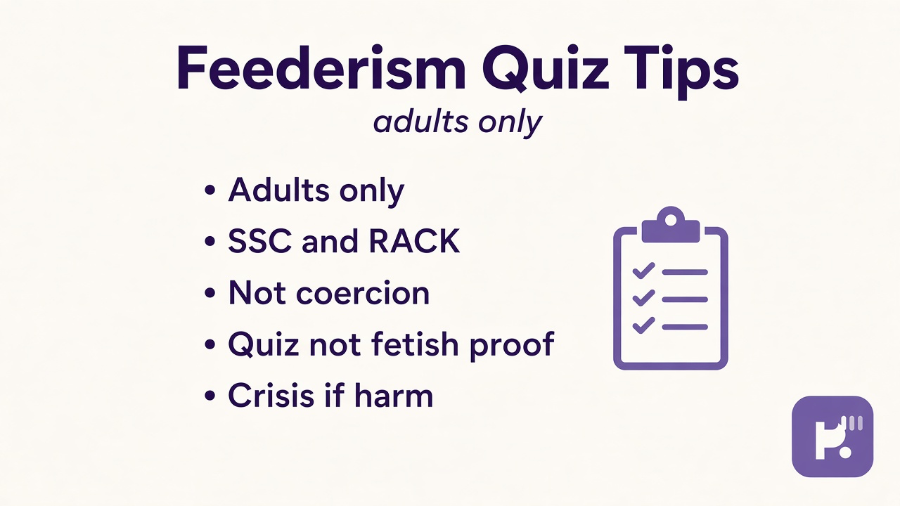 Feederism quiz tips: adults only, enthusiastic consent, SSC RACK, no coercion, health check-ins, quiz not fetish proof