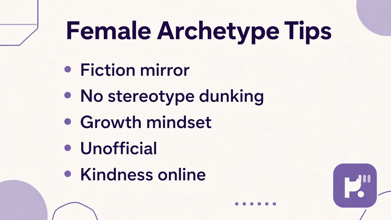 Female archetype tips: fiction mirror; seasons change; no stereotype dunking; growth mindset; quiz not gender law