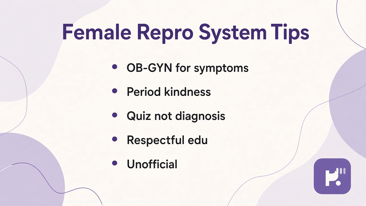 Female repro system tips: organ map; period kindness; OB-GYN for symptoms; quiz not diagnosis; respectful shares