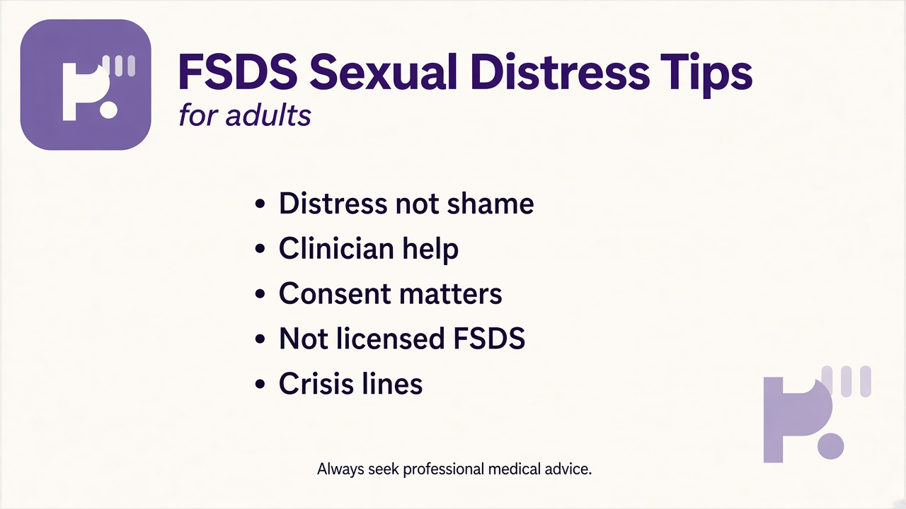 Sexual distress tips: distress not shame; consent matters; clinician OK; adults only; quiz not licensed FSDS; crisis lines when unsafe