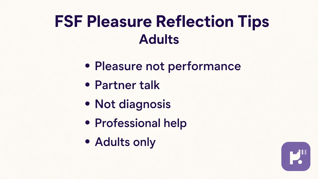 Female sexual formula tips: pleasure not performance; partner talk; body kindness; adults only; quiz not diagnosis; clinician when pain persists