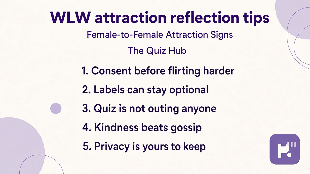 WLW attraction tips: notice warmth kindly, labels optional, consent and privacy, quiz not outing tool, unofficial reflection