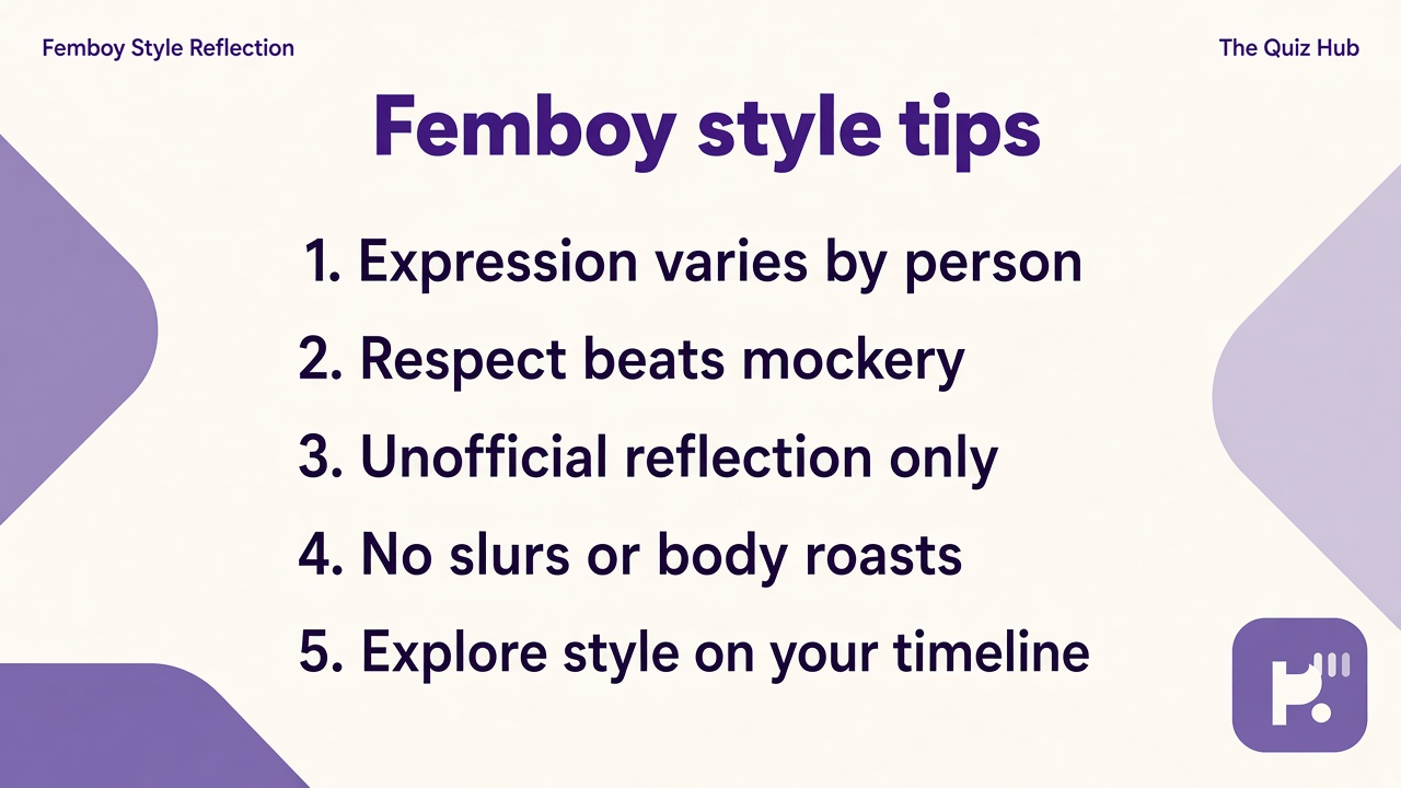 Femboy style tips: expression varies, respect everyone, no slurs, unofficial reflection, quiz not gender verdict