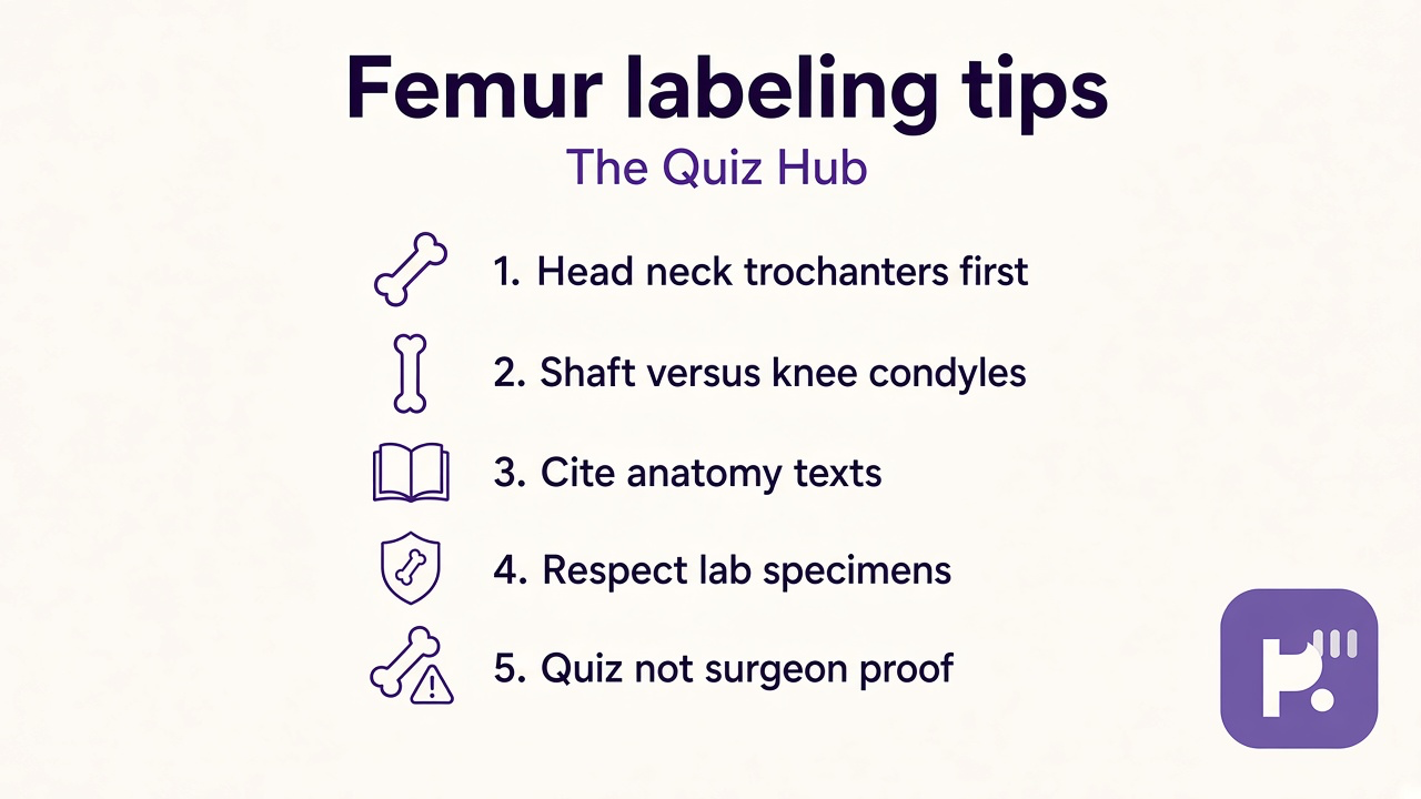 Femur labeling tips: head neck trochanters, linea aspera shaft, condyles at knee, cite texts, lab respect, quiz not surgeon