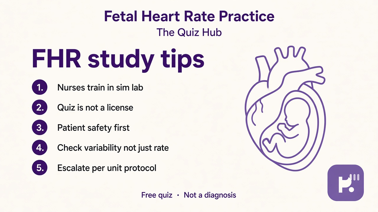 FHR practice tips: baseline variability accelerations, decel literacy, call OB for Category III, sim lab not license, patient safety first