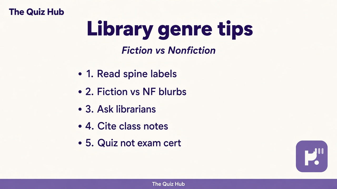 Fiction nonfiction tips: spine labels, blurbs, biography versus novel, library sections, quiz not licensed curriculum