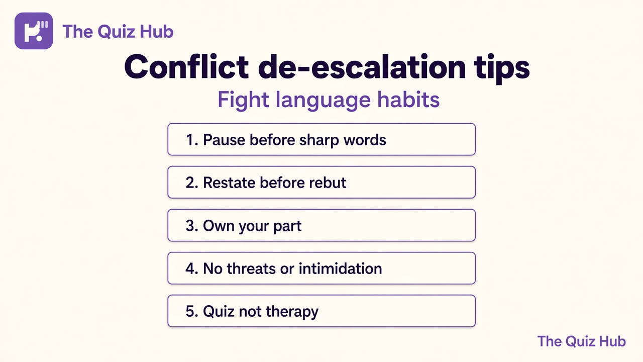 Fight language quiz tips: pause before sharp words; listen first; repair after conflict; de-escalate not intimidate; reflection only