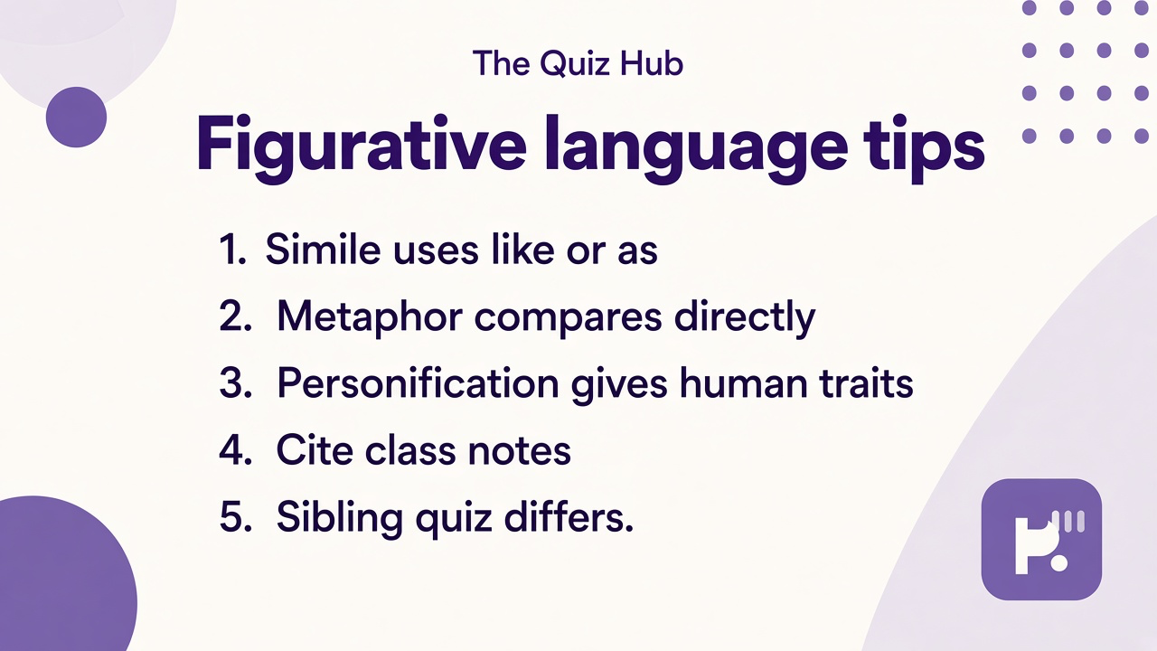 Figurative language tips: like and as similes, metaphor comparisons, personification, sensory imagery, quiz not AP exam