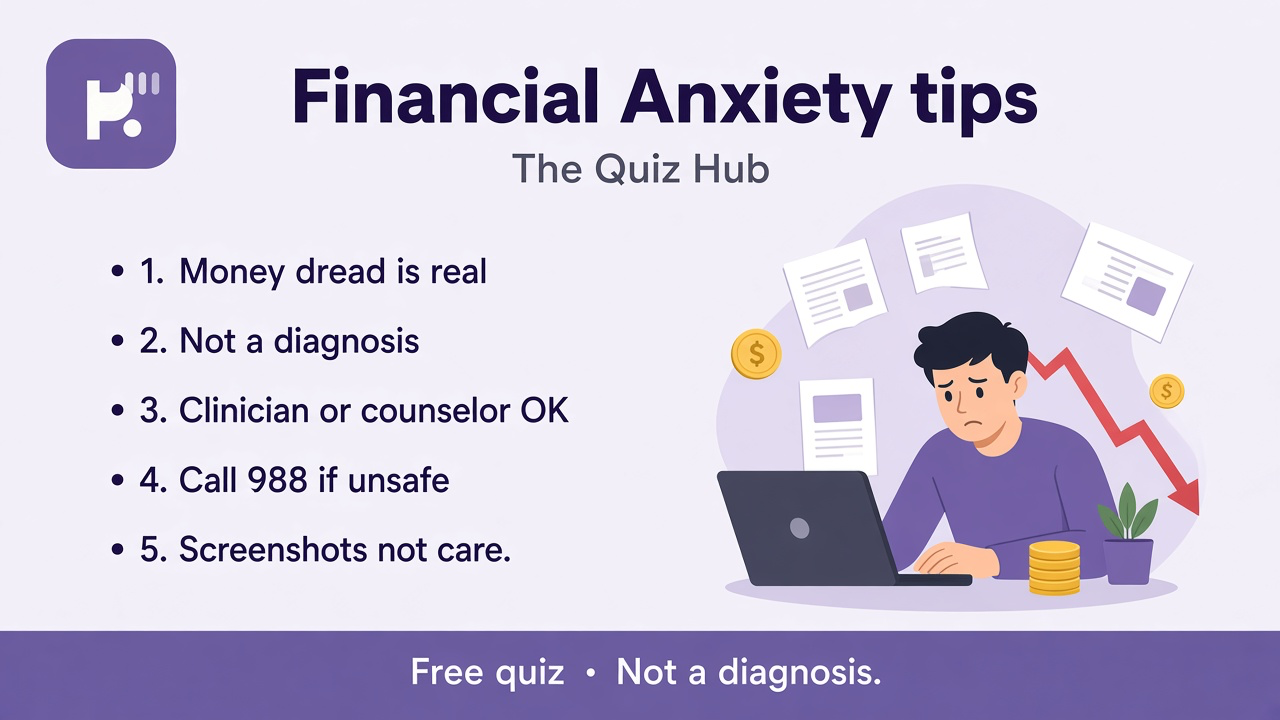 Financial anxiety literacy tips: name bill triggers; pause checking loops; future money spirals; see a clinician; 988 if despair; quiz not diagnosis