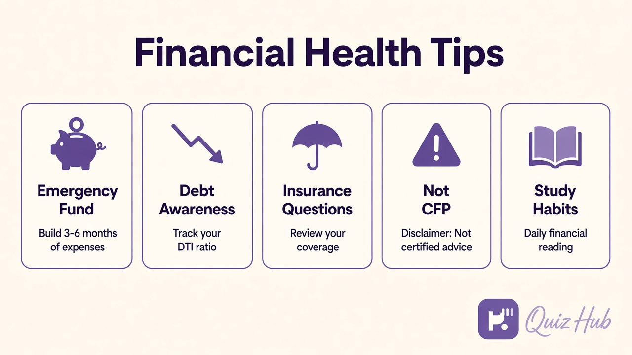 Financial health tips: emergency fund starter, debt minimums, insurance gaps, quiz not CFP license